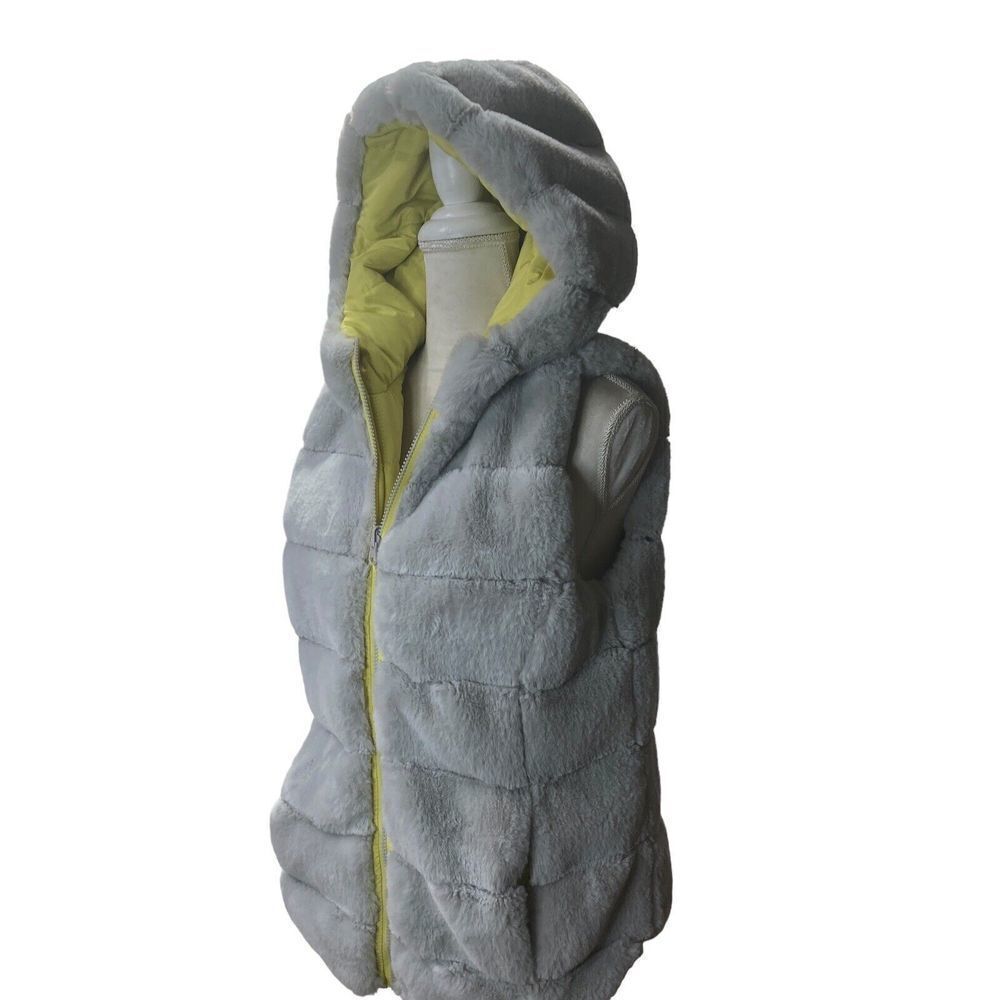 Reversible Vest Maurices Puffer Gray Yellow Faux Fur Hood Womens Size‎ L Zip Up